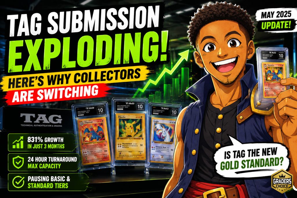 TAG submission thumbnail featuring anime-style collector holding graded cards with explosive growth graphics and TAG grading update text